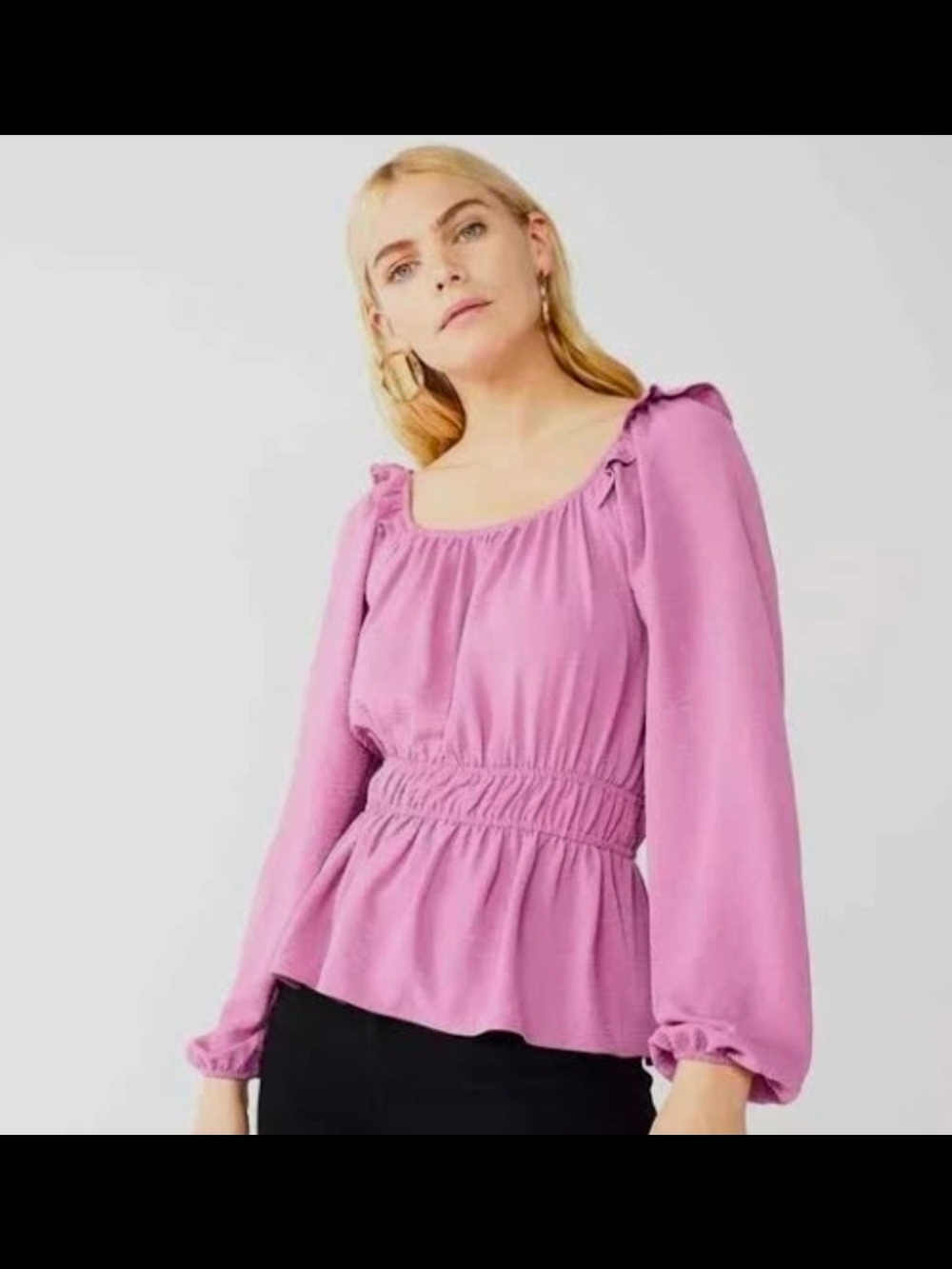 Nine West Pink/Purple Smocked-Waist Long-Sleeve Peasant Blouse